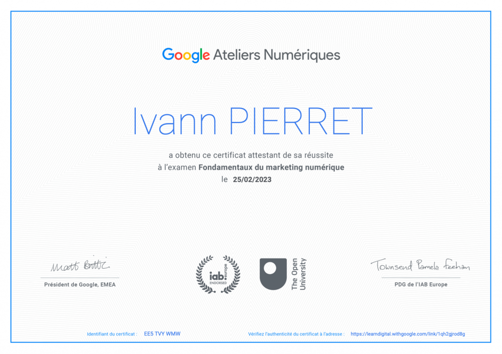 Certification Google Ivann Pierret